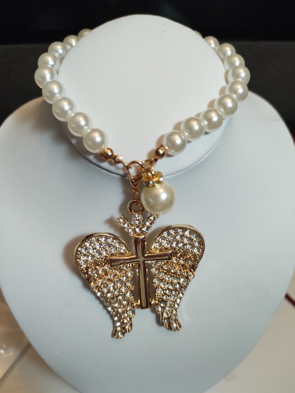 Angel Wings Cross Pearl Bracelet - Or Decorative Rearview Mirror Attachment